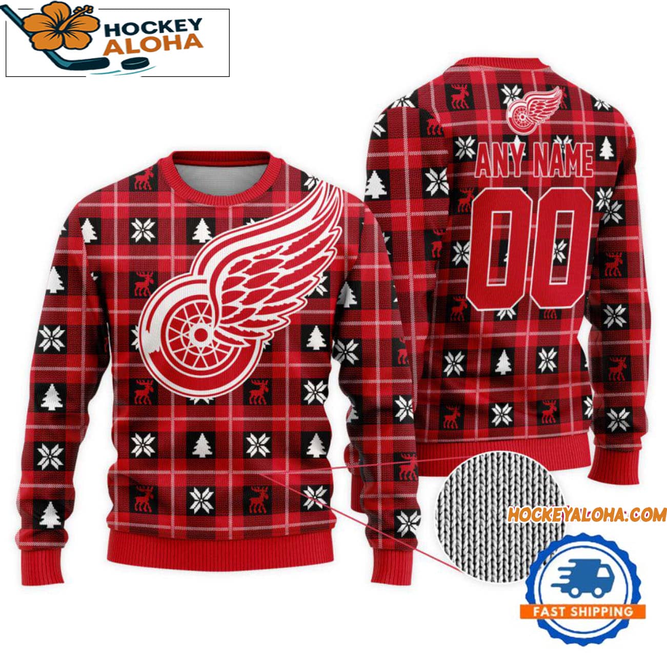 Detroit Red Wings Snow Tree Christmas Ugly Sweater, Custom Name And Custom Number Detroit Red Wings Snow Tree Christmas Ugly Sweater, Custom Name And Custom Number