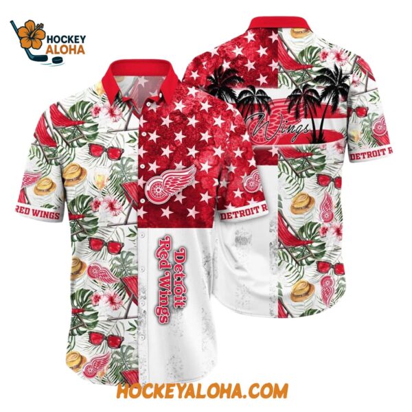 Detroit Red Wings Tropical Hat And Glasses Pattern Summer Hawaiian Shirt 1