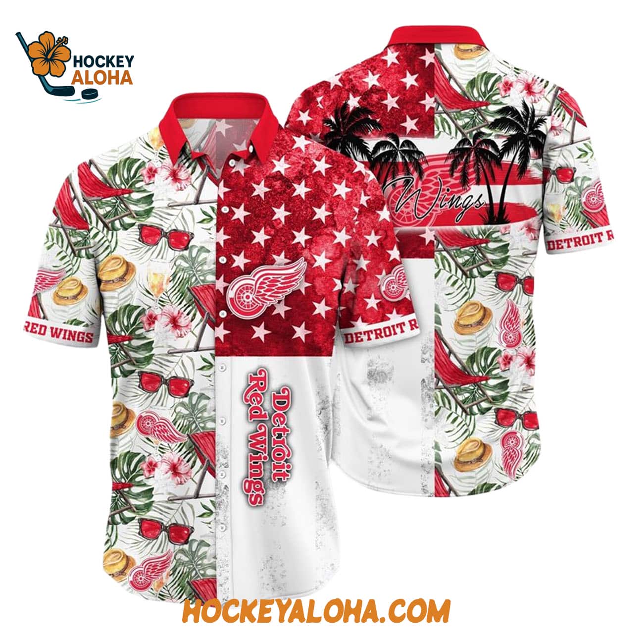 Detroit Red Wings Tropical Hat And Glasses Pattern Summer Hawaiian Shirt Detroit Red Wings Tropical Hat And Glasses Pattern Summer Hawaiian Shirt