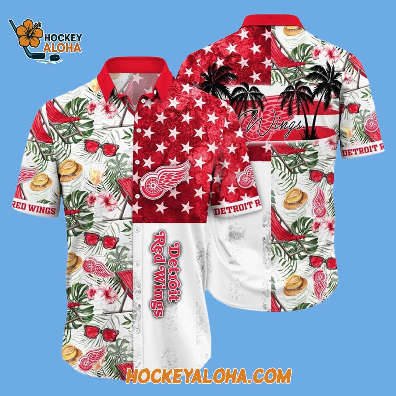 Detroit Red Wings Tropical Hat And Glasses Pattern Summer Hawaiian Shirt Detroit Red Wings Tropical Hat And Glasses Pattern Summer Hawaiian Shirt