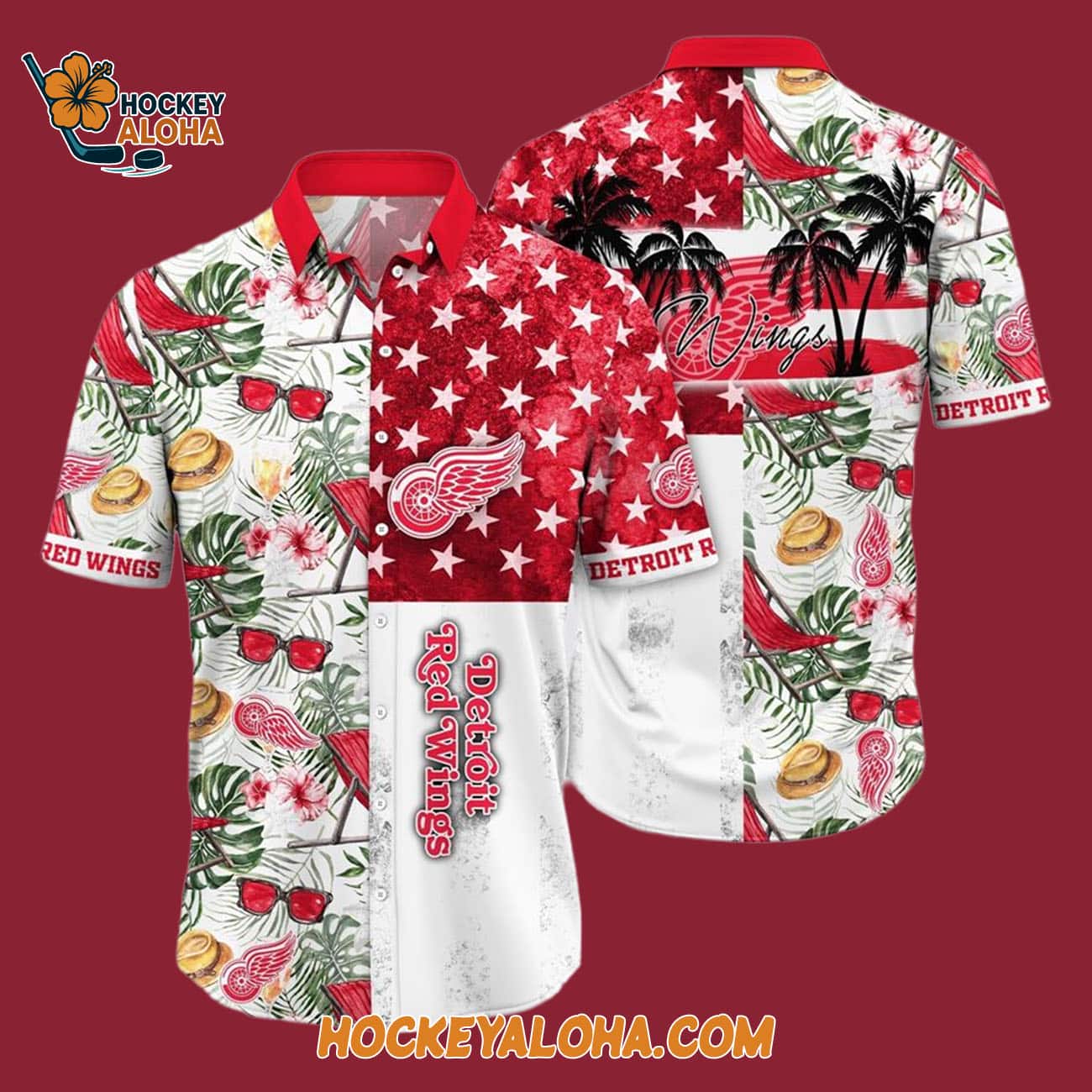 Detroit Red Wings Tropical Hat And Glasses Pattern Summer Hawaiian Shirt Detroit Red Wings Tropical Hat And Glasses Pattern Summer Hawaiian Shirt
