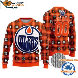 Edmonton Oilers Snow Tree Christmas Ugly Sweater Custom Name And Custom Number