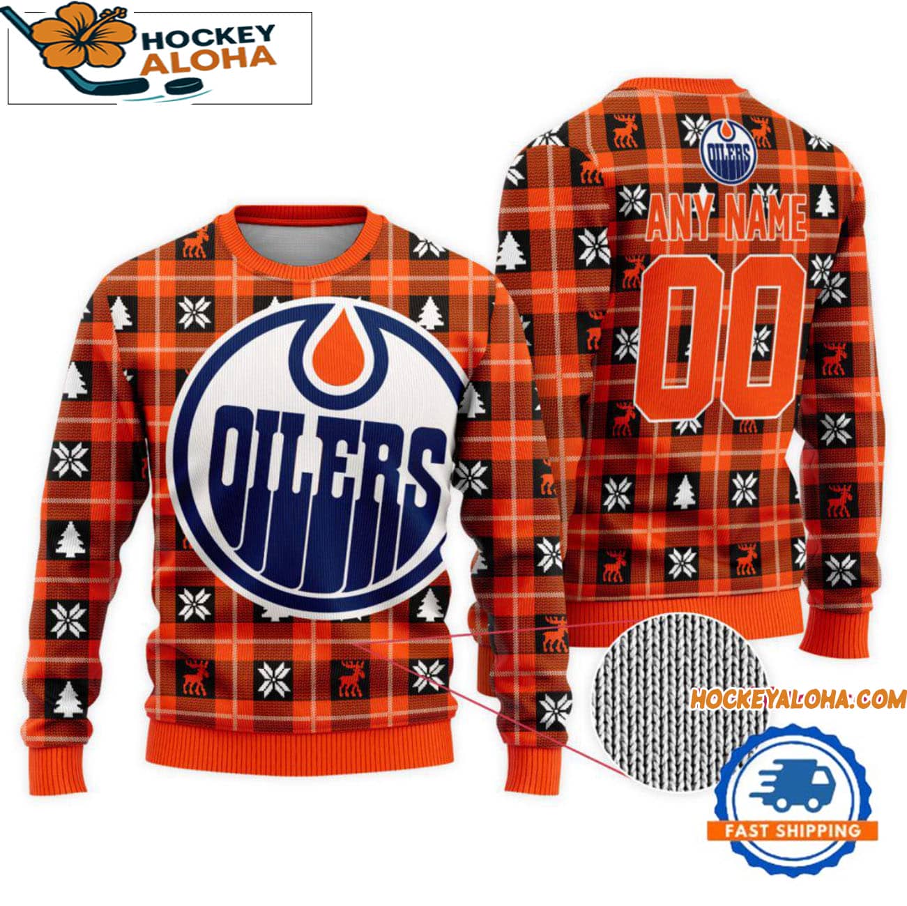 Edmonton Oilers Snow Tree Christmas Ugly Sweater, Custom Name And Custom Number Edmonton Oilers Snow Tree Christmas Ugly Sweater, Custom Name And Custom Number