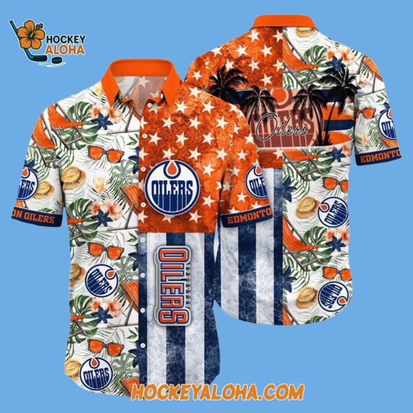 Edmonton Oilers Tropical Hat And Glasses Pattern Summer Hawaiian Shirt 2