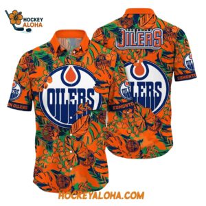 Edmonton Oilers Tropical Leaf Pattern Summer Hawaiian Shirt 1