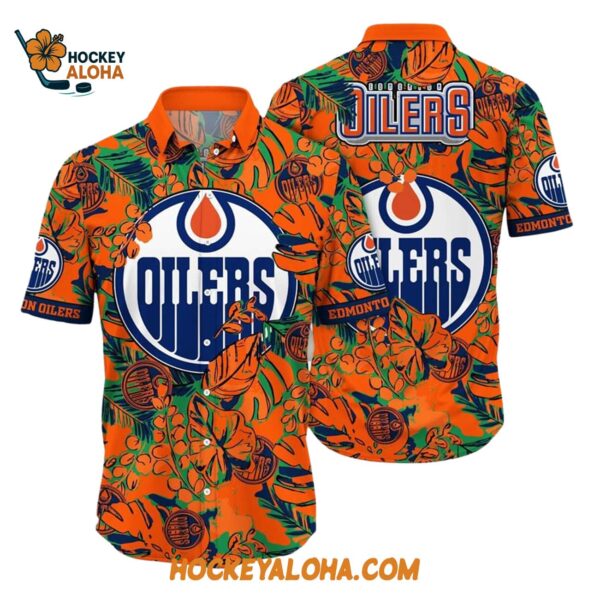 Edmonton Oilers Tropical Leaf Pattern Summer Hawaiian Shirt 1