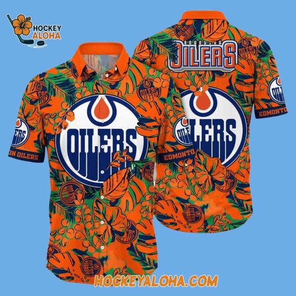 Edmonton Oilers Tropical Leaf Pattern Summer Hawaiian Shirt 2