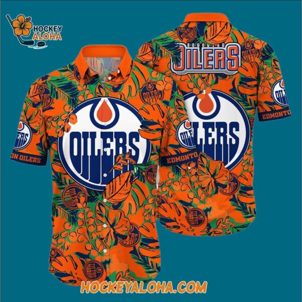 Edmonton Oilers Tropical Leaf Pattern Summer Hawaiian Shirt 3