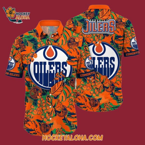 Edmonton Oilers Tropical Leaf Pattern Summer Hawaiian Shirt 4