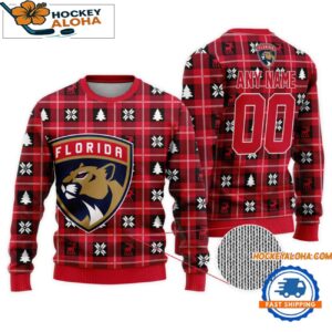 Florida Panthers Snow Tree Christmas Ugly Sweater Custom Name And Custom Number