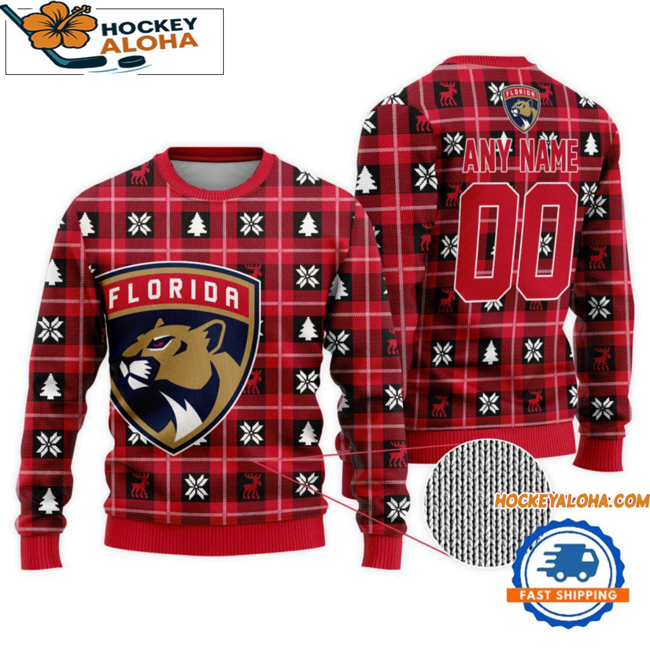 Florida Panthers Snow Tree Christmas Ugly Sweater, Custom Name And Custom Number Florida Panthers Snow Tree Christmas Ugly Sweater, Custom Name And Custom Number