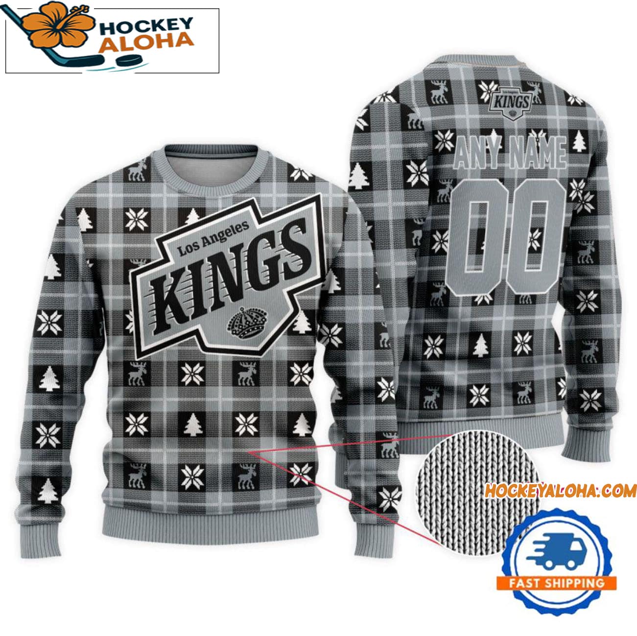 Los Angeles Kings Snow Tree Christmas Ugly Sweater, Custom Name And Custom Number Los Angeles Kings Snow Tree Christmas Ugly Sweater, Custom Name And Custom Number