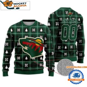 Minnesota Wild Snow Tree Christmas Ugly Sweater Custom Name And Custom Number