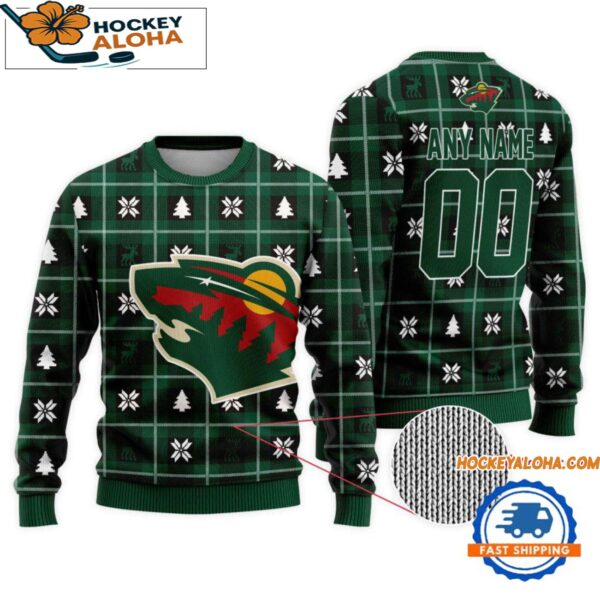 Minnesota Wild Snow Tree Christmas Ugly Sweater Custom Name And Custom Number