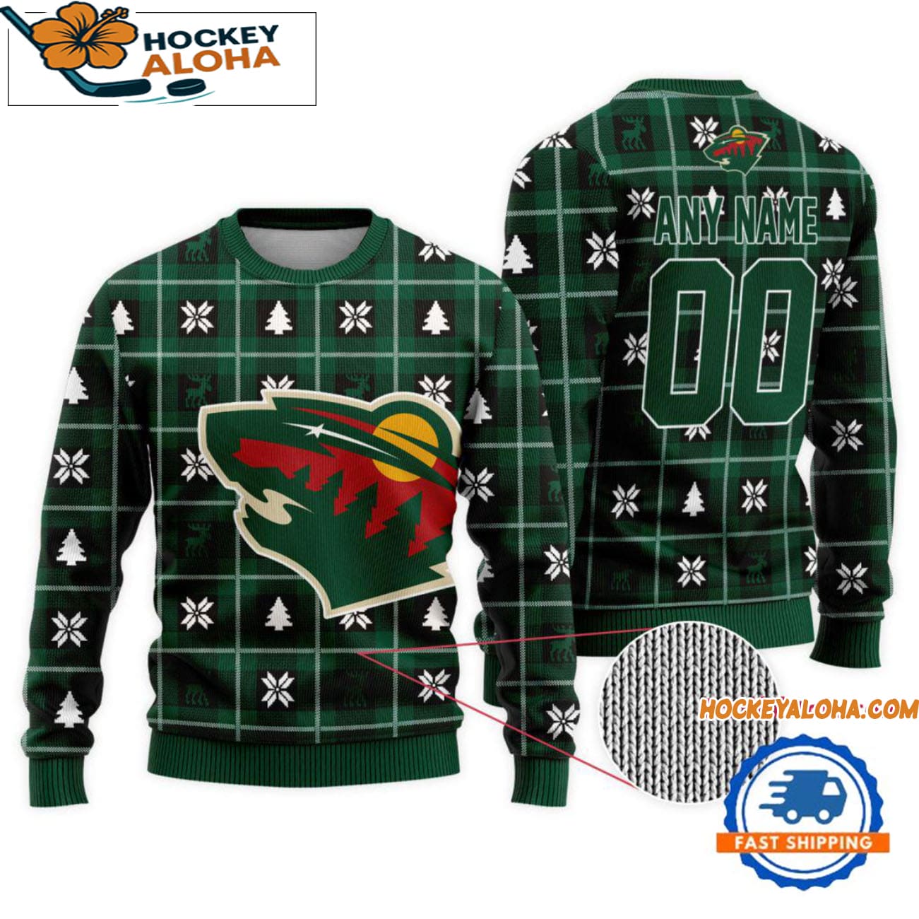 Minnesota Wild Snow Tree Christmas Ugly Sweater, Custom Name And Custom Number Minnesota Wild Snow Tree Christmas Ugly Sweater, Custom Name And Custom Number