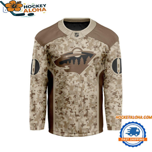 Minnesota Wild Special Veterans Military Desert Camouflage Design Hockey Jersey 1