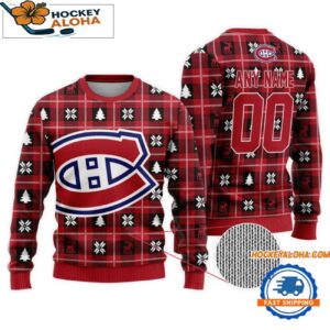 Montreal Canadiens Snow Tree Christmas Ugly Sweater Custom Name And Custom Number