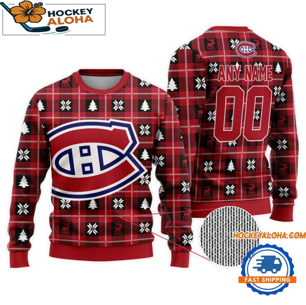 Montreal Canadiens Snow Tree Christmas Ugly Sweater, Custom Name And Custom Number Montreal Canadiens Snow Tree Christmas Ugly Sweater, Custom Name And Custom Number