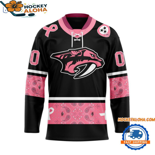 Nashville Predators In October We Wear Pink Breast Cancer Design Hockey Jersey 1