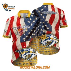 Nashville Predators With American Flag Pattern Summer Hawaiian Shirt 1