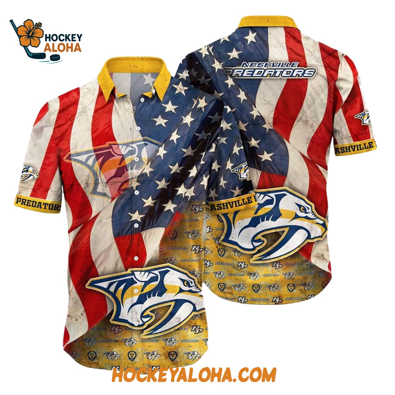 Nashville Predators With American Flag Pattern Summer Hawaiian Shirt Nashville Predators With American Flag Pattern Summer Hawaiian Shirt