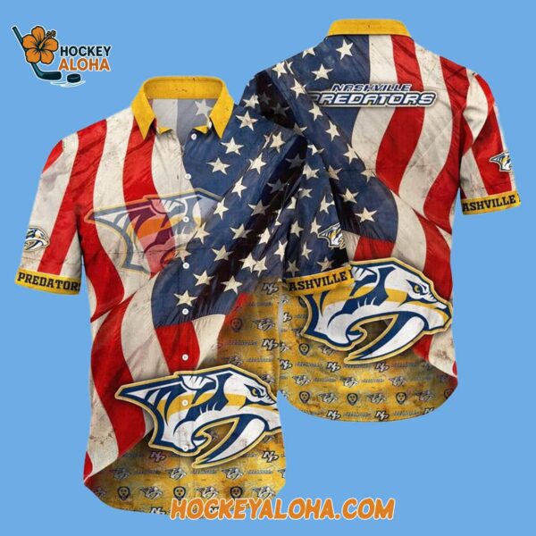 Nashville Predators With American Flag Pattern Summer Hawaiian Shirt 2
