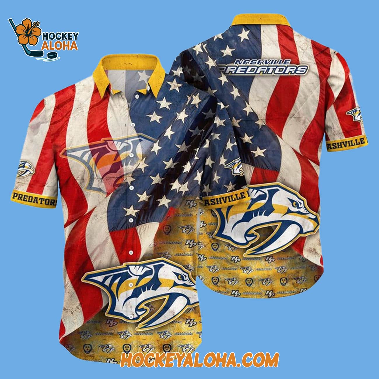 Nashville Predators With American Flag Pattern Summer Hawaiian Shirt Nashville Predators With American Flag Pattern Summer Hawaiian Shirt