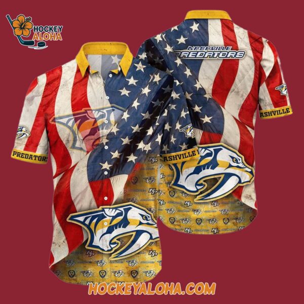 Nashville Predators With American Flag Pattern Summer Hawaiian Shirt 4