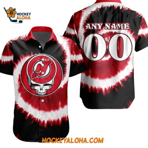 New Jersey Devils Grateful Dead Tie dye Hawaiian Button Shirt 1
