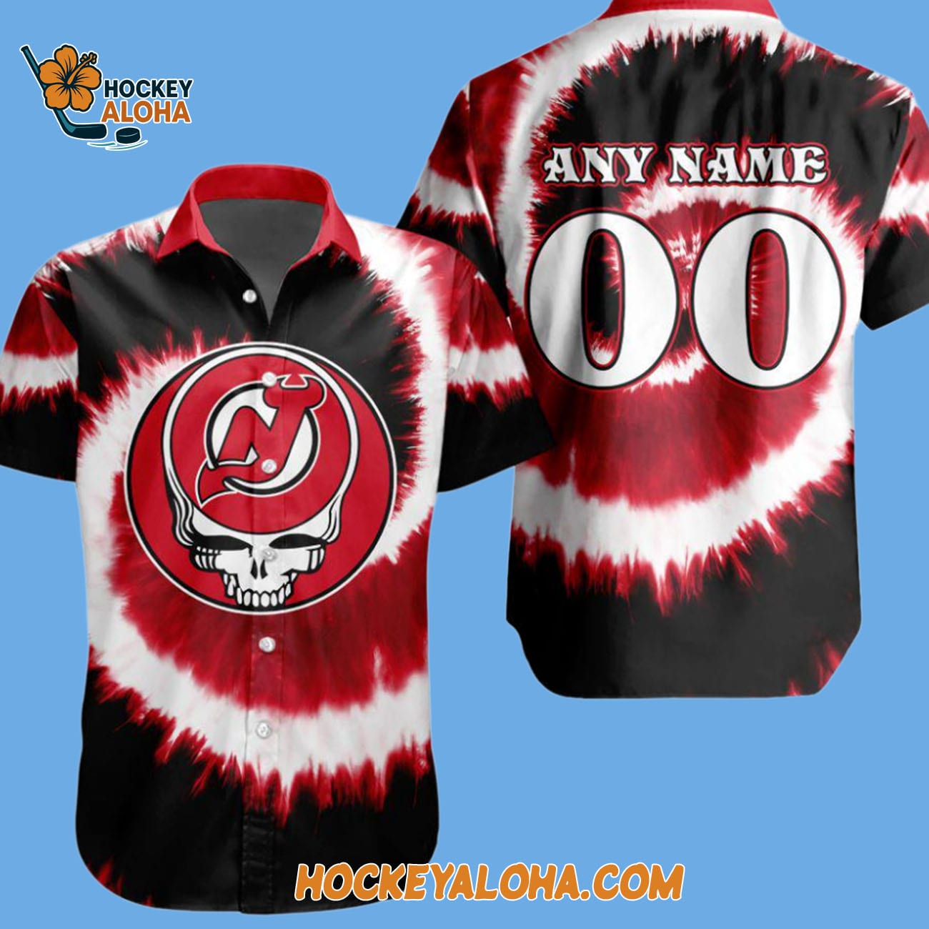 New Jersey Devils Grateful Dead Tie-dye Hawaiian Button Shirt New Jersey Devils Grateful Dead Tie-dye Hawaiian Button Shirt