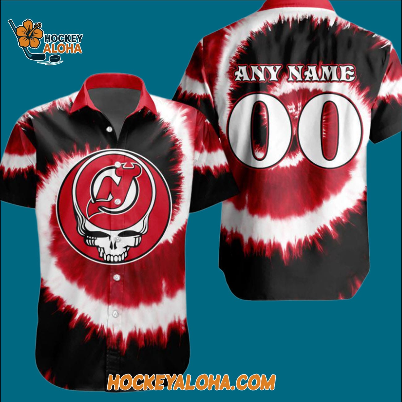 New Jersey Devils Grateful Dead Tie-dye Hawaiian Button Shirt New Jersey Devils Grateful Dead Tie-dye Hawaiian Button Shirt
