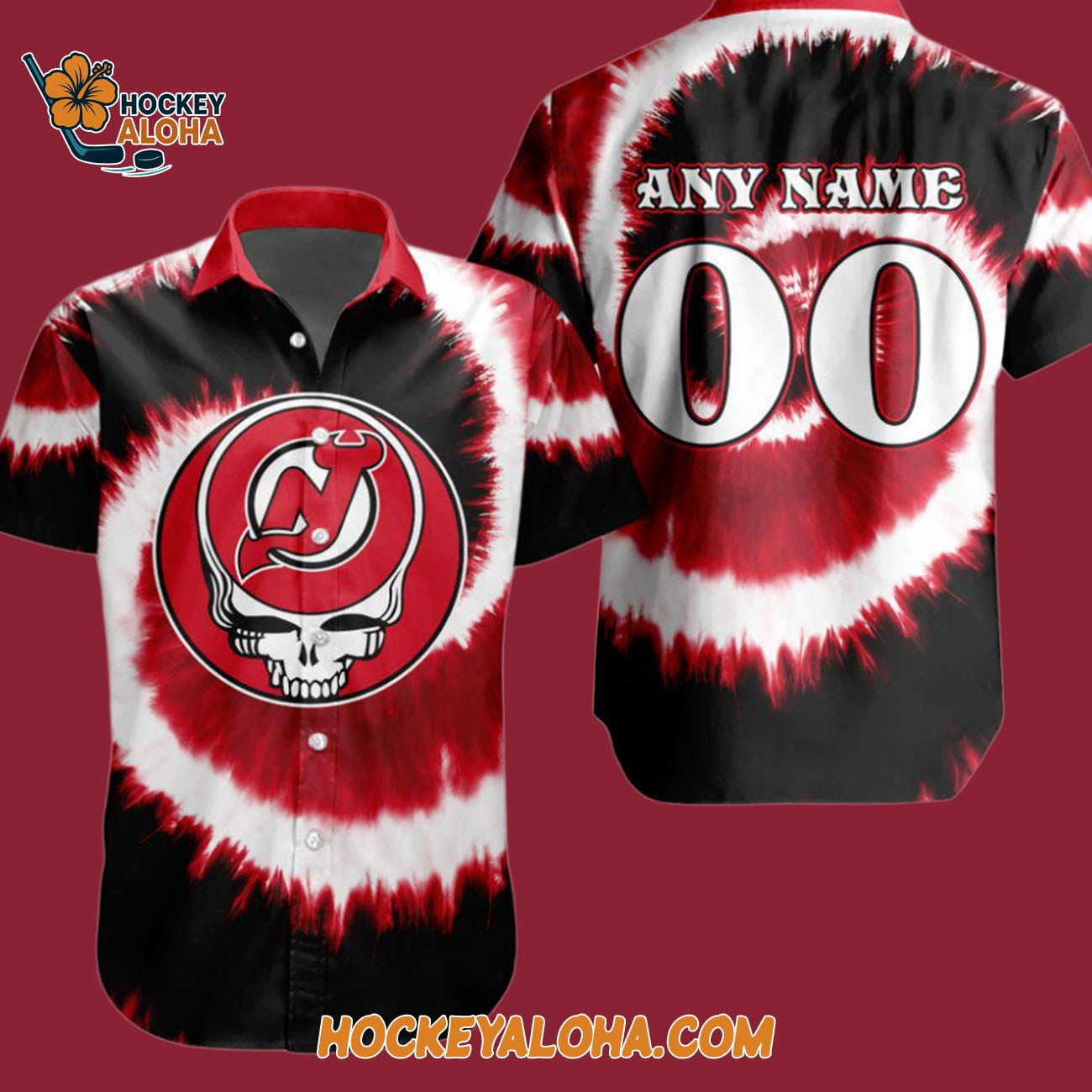 New Jersey Devils Grateful Dead Tie-dye Hawaiian Button Shirt New Jersey Devils Grateful Dead Tie-dye Hawaiian Button Shirt