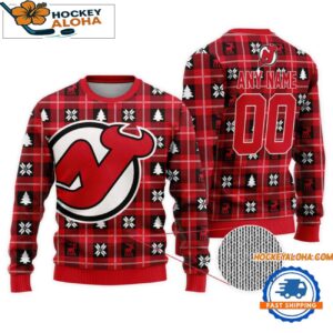 New Jersey Devils Snow Tree Christmas Ugly Sweater Custom Name And Custom Number