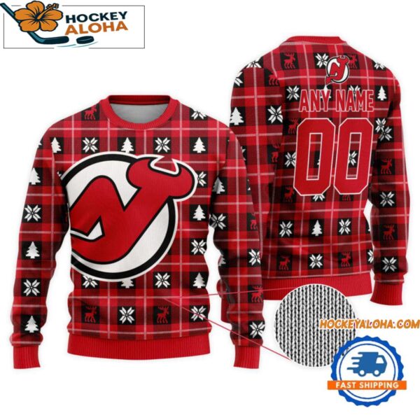 New Jersey Devils Snow Tree Christmas Ugly Sweater Custom Name And Custom Number