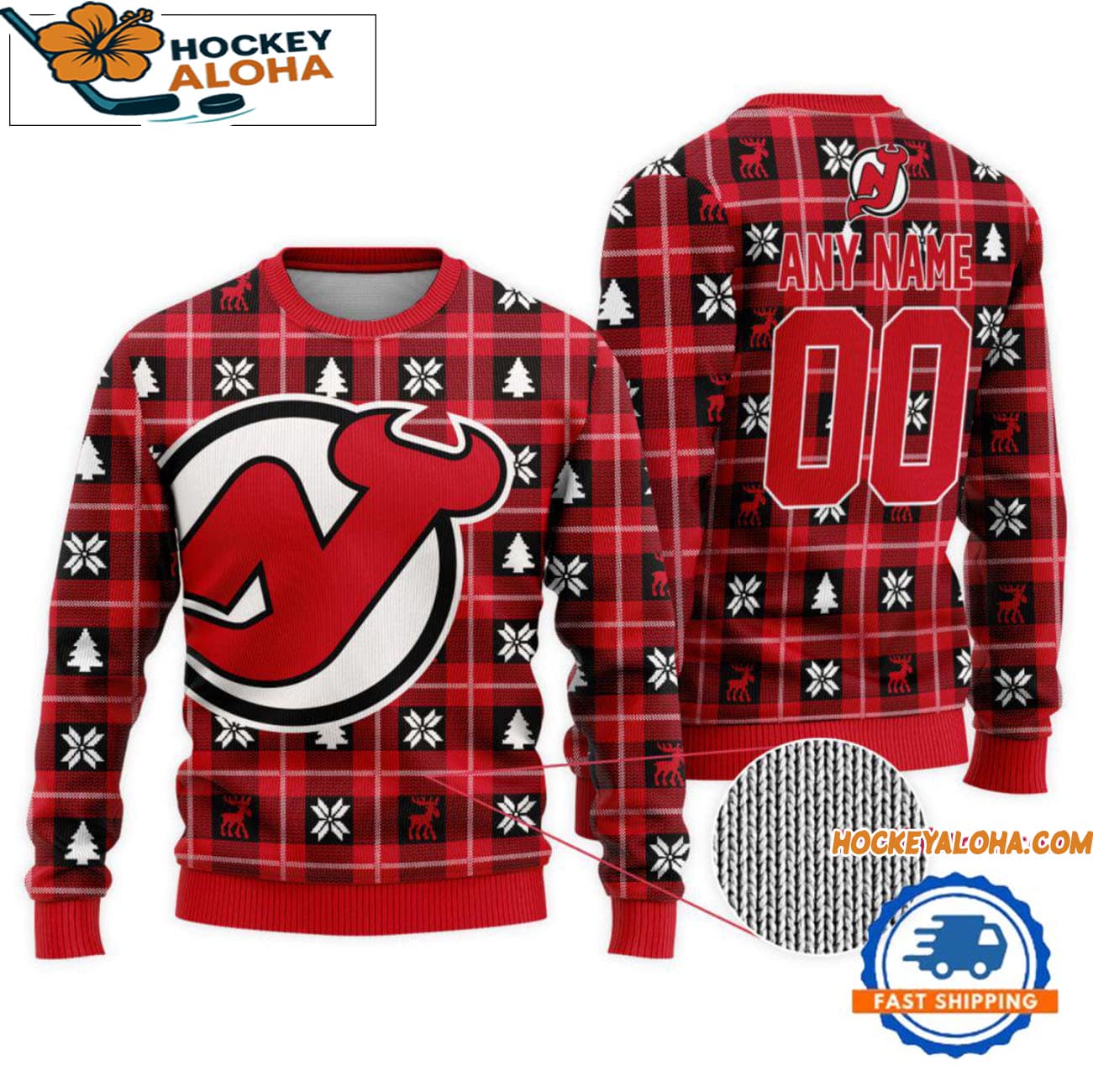 New Jersey Devils Snow Tree Christmas Ugly Sweater, Custom Name And Custom Number New Jersey Devils Snow Tree Christmas Ugly Sweater, Custom Name And Custom Number