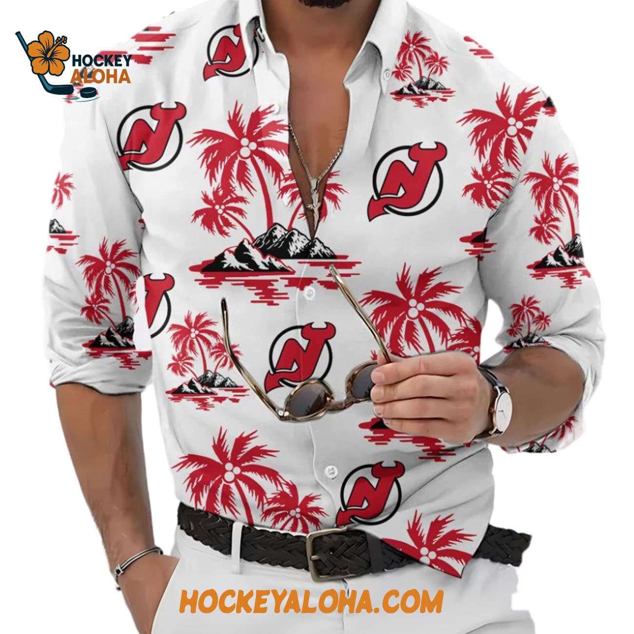 New Jersey Devils Special Hockey Long Sleeve Hawaiian Button Shirt New Jersey Devils Special Hockey Long Sleeve Hawaiian Button Shirt