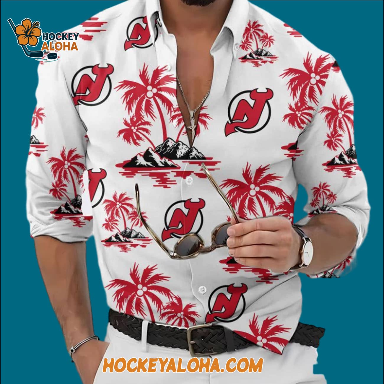 New Jersey Devils Special Hockey Long Sleeve Hawaiian Button Shirt New Jersey Devils Special Hockey Long Sleeve Hawaiian Button Shirt