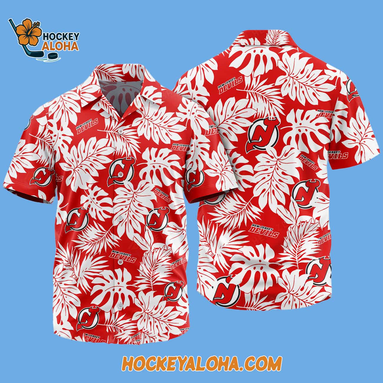New Jersey Devils Tropical Leafs Design Hawaiian Shirt New Jersey Devils Tropical Leafs Design Hawaiian Shirt