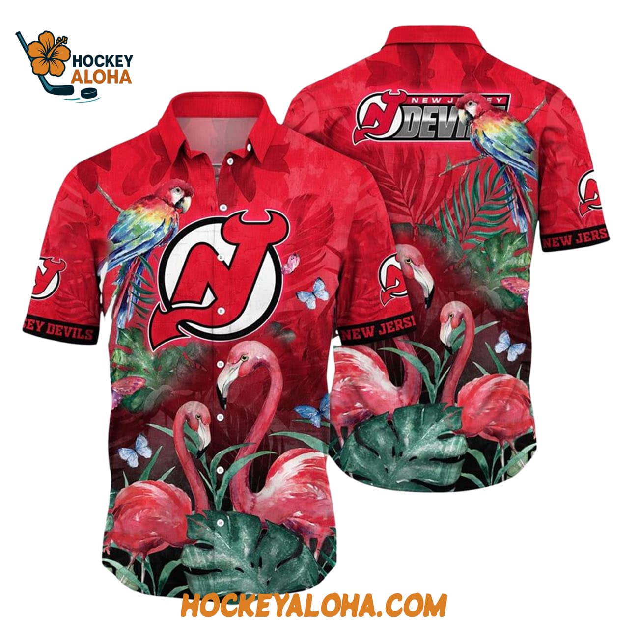 New Jersey Devils Tropical Parrot And Flamingo Motifs Summer Hawaiian Shirt New Jersey Devils Tropical Parrot And Flamingo Motifs Summer Hawaiian Shirt