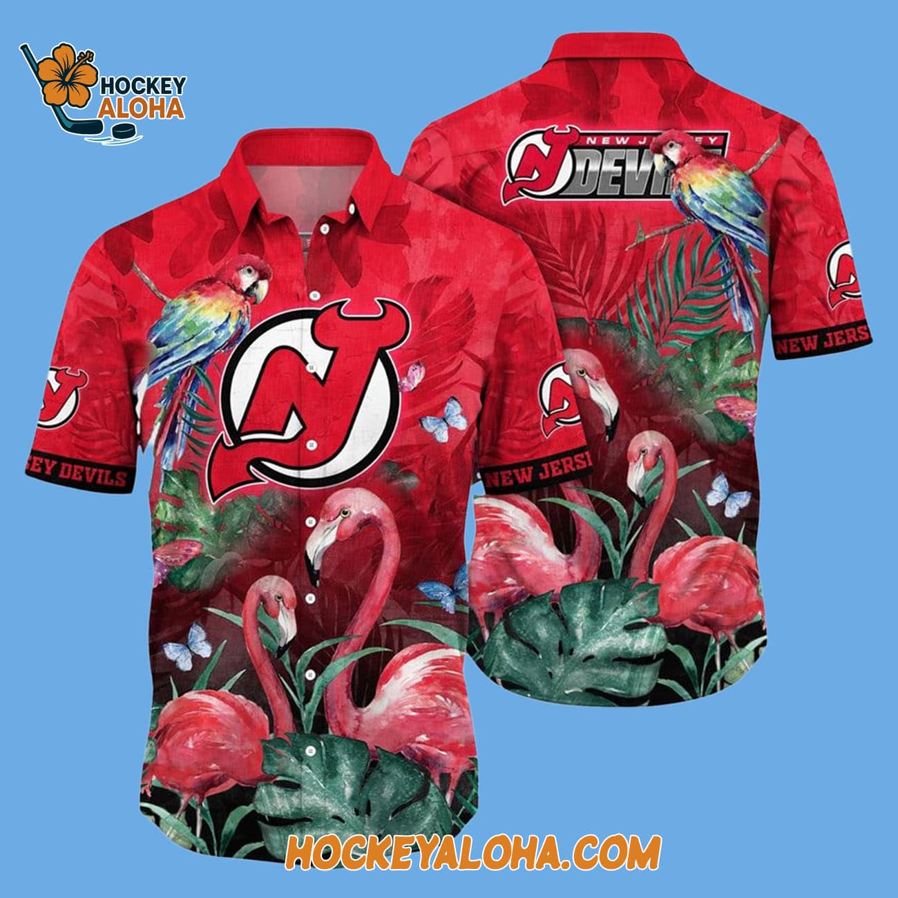 New Jersey Devils Tropical Parrot And Flamingo Motifs Summer Hawaiian Shirt New Jersey Devils Tropical Parrot And Flamingo Motifs Summer Hawaiian Shirt