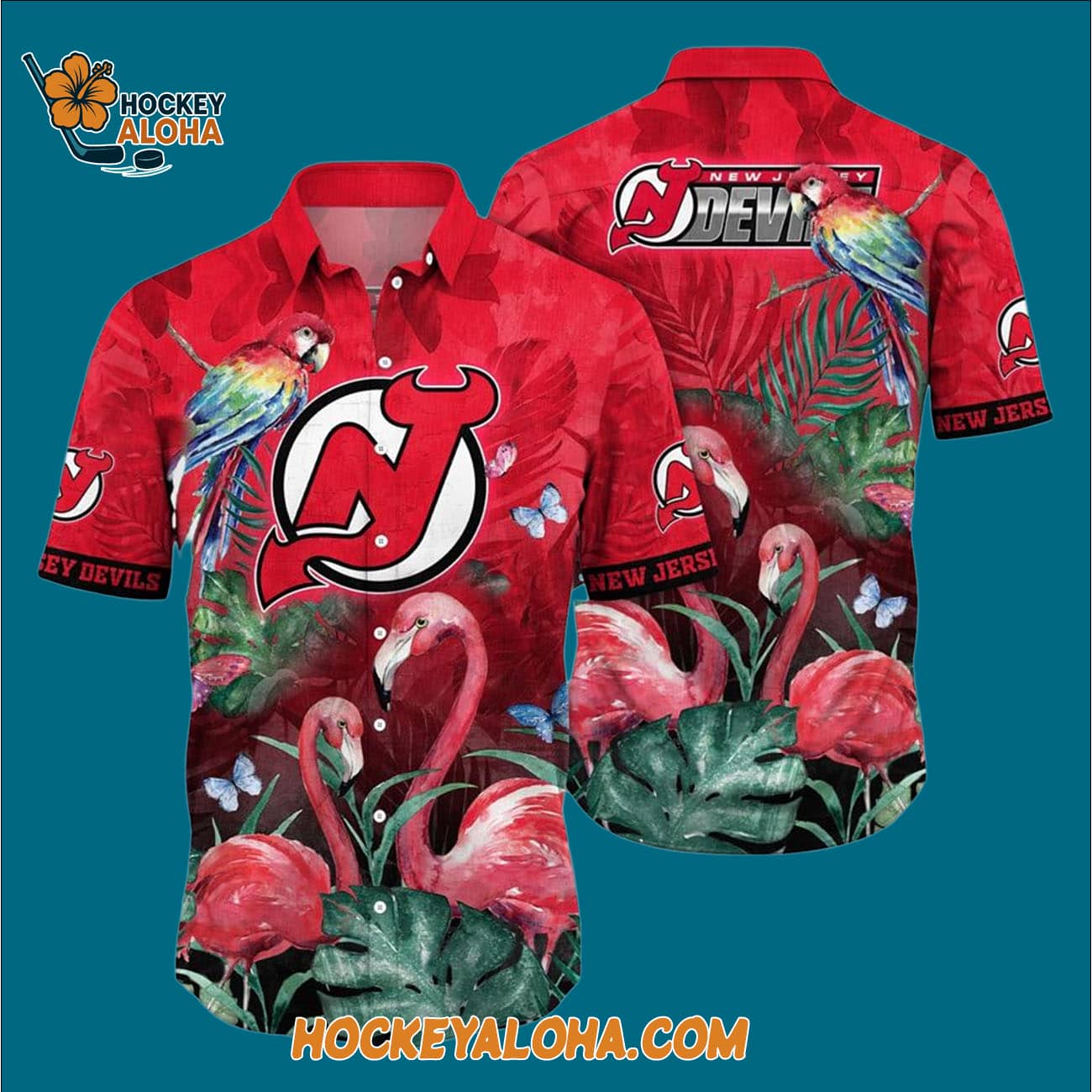 New Jersey Devils Tropical Parrot And Flamingo Motifs Summer Hawaiian Shirt New Jersey Devils Tropical Parrot And Flamingo Motifs Summer Hawaiian Shirt
