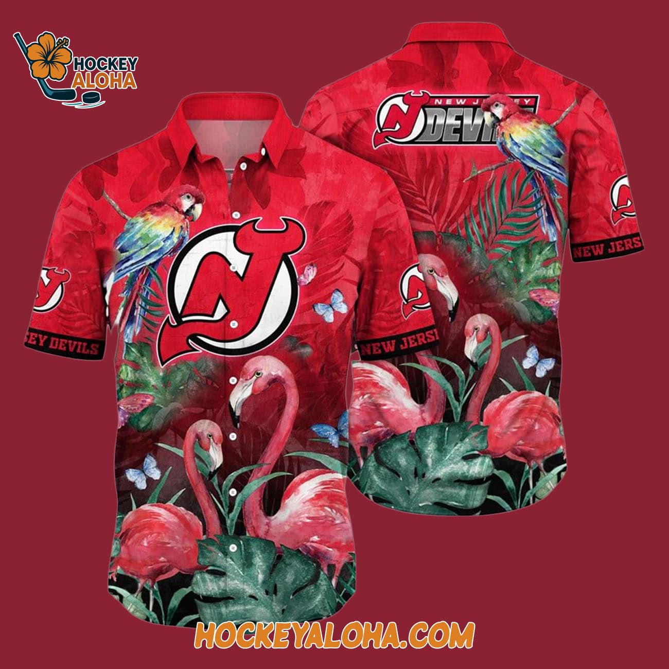 New Jersey Devils Tropical Parrot And Flamingo Motifs Summer Hawaiian Shirt New Jersey Devils Tropical Parrot And Flamingo Motifs Summer Hawaiian Shirt