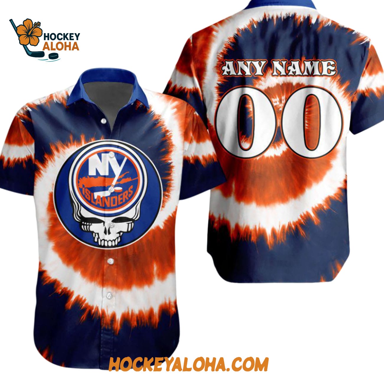 New York Islanders Grateful Dead Tie-dye Hawaiian Button Shirt New York Islanders Grateful Dead Tie-dye Hawaiian Button Shirt