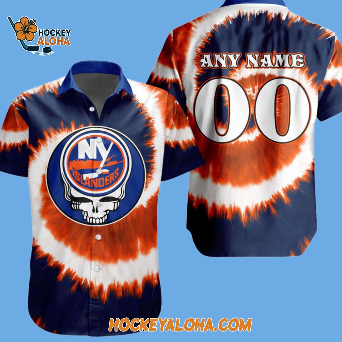New York Islanders Grateful Dead Tie-dye Hawaiian Button Shirt New York Islanders Grateful Dead Tie-dye Hawaiian Button Shirt