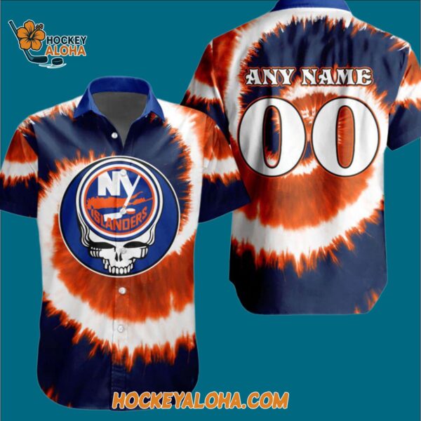 New York Islanders Grateful Dead Tie dye Hawaiian Button Shirt 3