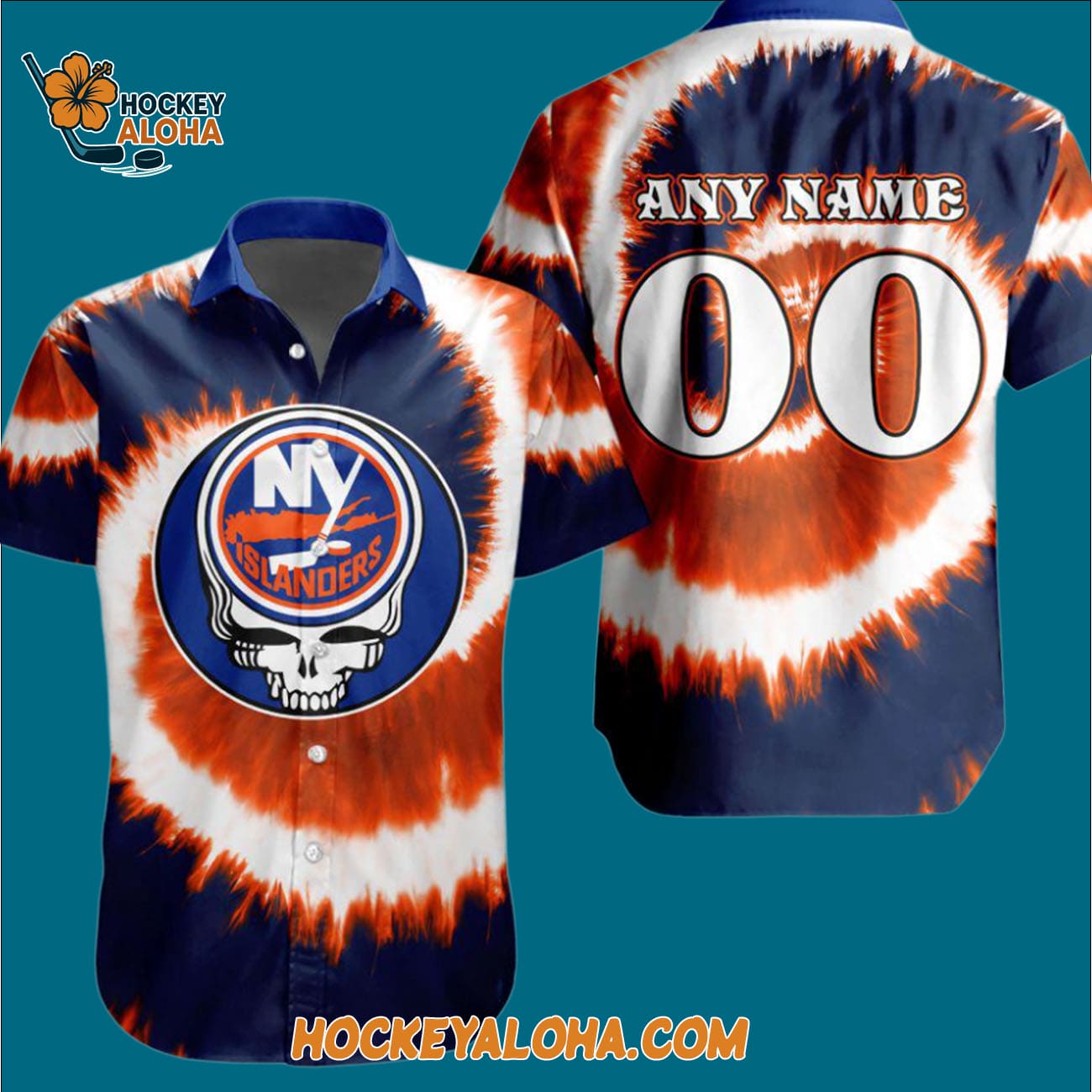 New York Islanders Grateful Dead Tie-dye Hawaiian Button Shirt New York Islanders Grateful Dead Tie-dye Hawaiian Button Shirt