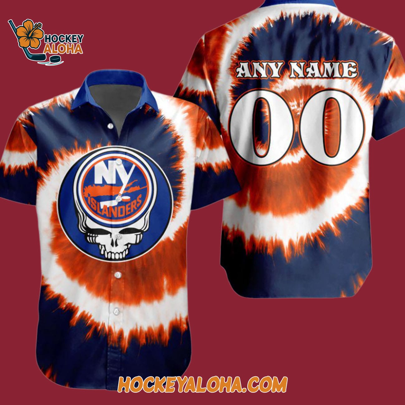 New York Islanders Grateful Dead Tie-dye Hawaiian Button Shirt New York Islanders Grateful Dead Tie-dye Hawaiian Button Shirt