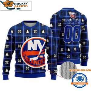 New York Islanders Snow Tree Christmas Ugly Sweater Custom Name And Custom Number