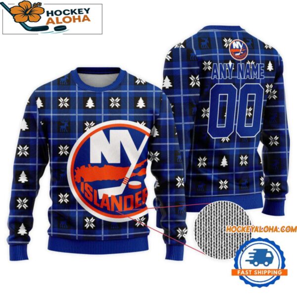 New York Islanders Snow Tree Christmas Ugly Sweater Custom Name And Custom Number