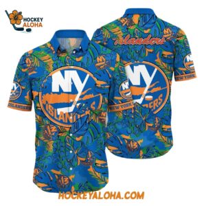 New York Islanders Tropical Leaf Pattern Summer Hawaiian Shirt 1